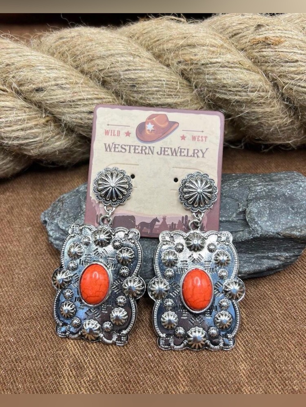 Western Earrings Silver-Tone Earrings with Orange Stone